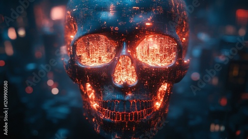 A neon-lit digital skull, made from pixelated fragments, with a vibrant cyberpunk city reflecting in its eyes. 453
