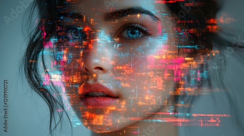 A colorful digital portrait of a person with glitch effects, pixel distortions, and holographic elements. 457