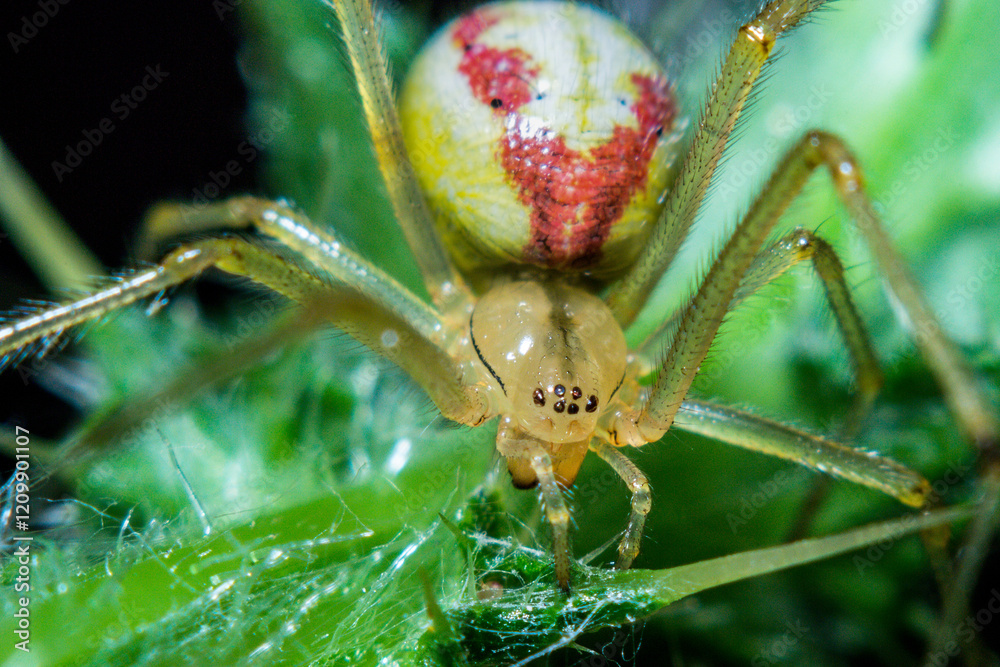 Naklejka premium Spider in natural habitat close-up, super macro, insects of Ukraine
