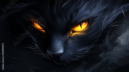 Close-up of a black cat with glowing yellow eyes, dramatic lighting, intense gaze, sharp fur details, dark background