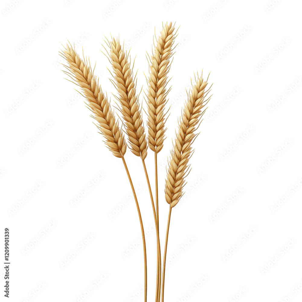 four golden wheat stalks arranged elegantly against a white background. symbolizing agriculture. harvest. and natural beauty the clean presentation emphasizes the importance of wheat as a staple food four golden wheat stalks arranged elegantly against a white background. symbolizing agriculture. harvest. and natural beauty the clean presentation emphasizes the importance of wheat as a staple food
