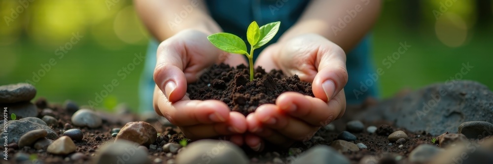 Youthful hands cradling vibrant plant sprouting from rocks , shadow, new Youthful hands cradling vibrant plant sprouting from rocks , shadow, new