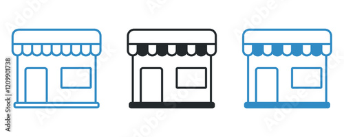 Store shop icon vector set, store line icon set, shopping store icon vector in three different style isolated on white background.