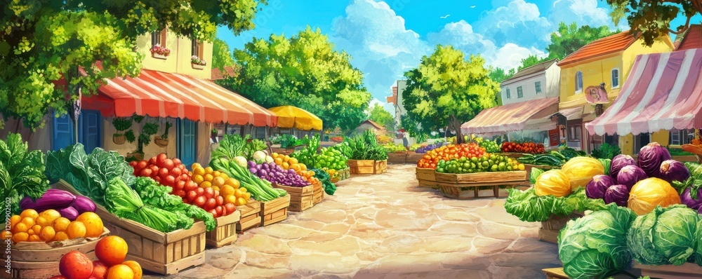 Obraz premium Bright and colorful farmers' market with fresh fruits and vegetables.