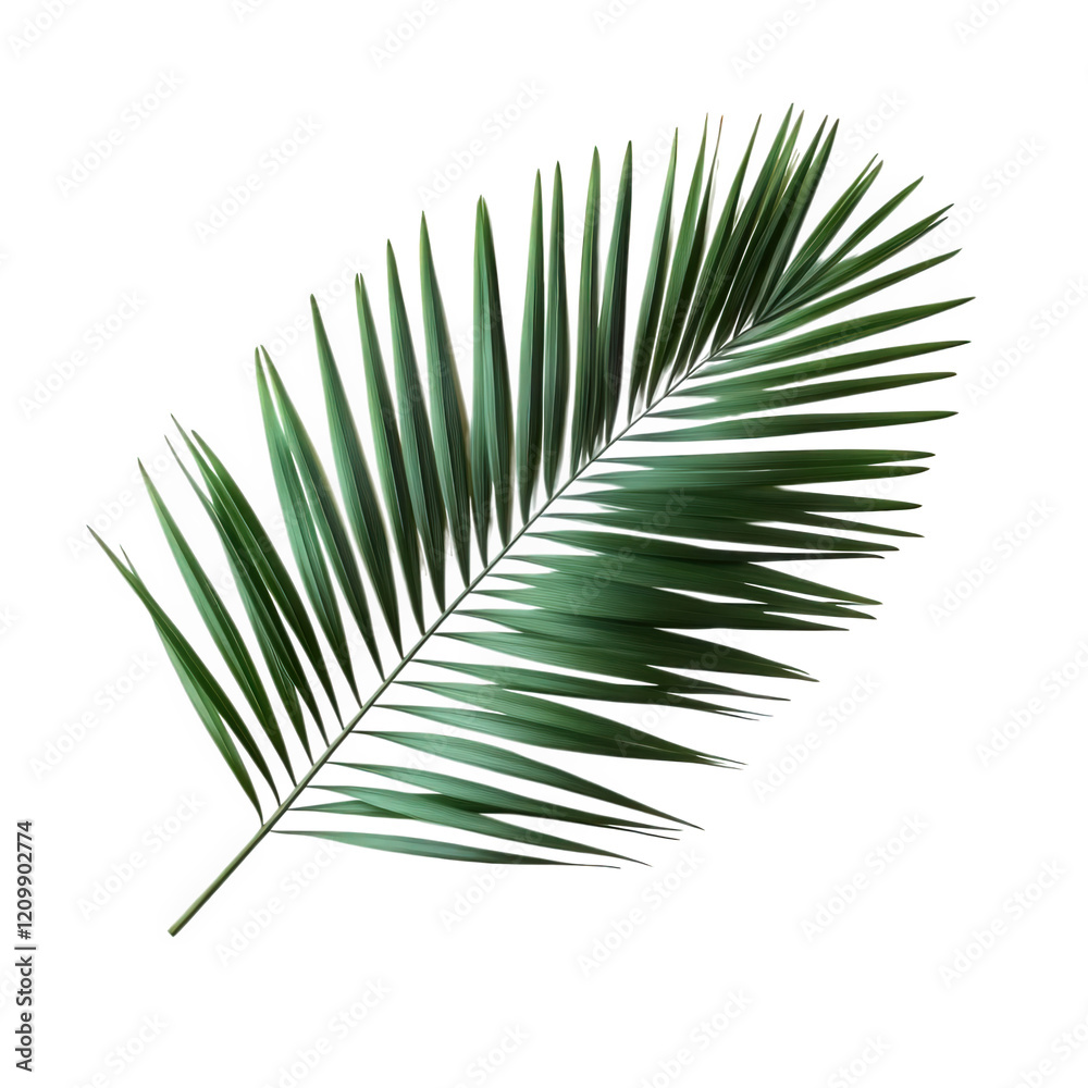 Obraz premium a vibrant green palm leaf is displayed against a clean. white background. highlighting its intricate fronds and natural beauty design. decoration. or as a symbol of tropical environments and relaxatio