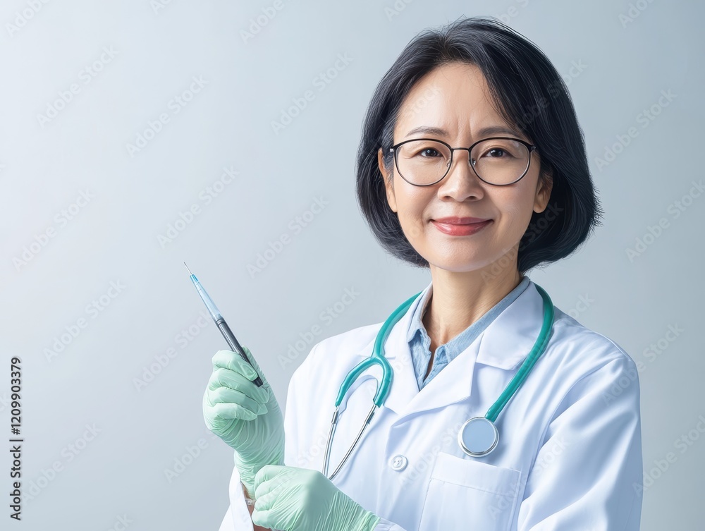 Medical professional in white coat and green gloves preparing syringe for healthcare procedure Medical professional in white coat and green gloves preparing syringe for healthcare procedure