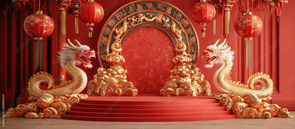 Fototapeta premium Golden dragons flank red stage; lanterns, Chinese New Year