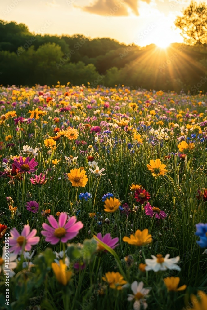 Obraz premium Vibrant Wildflower Meadow at Sunset with Sunlight Streaming Through Trees in a Serene Natural Landscape