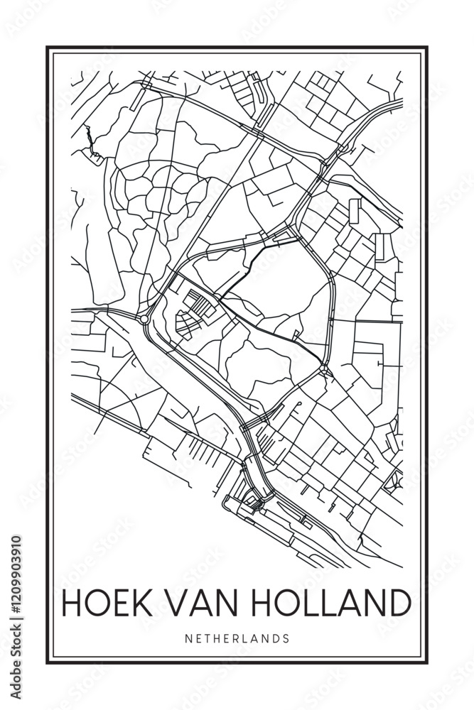 Printable downtown road map poster of the Dutch city of HOEK VAN HOLLAND on solid white background with city name