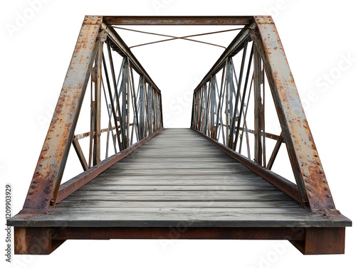 a rustic. weathered bridge made of metal and wood. showcasing a symmetrical perspective that draws the viewer's eye toward the horizon the bridge appears to be designed for pedestrian use. likely conn