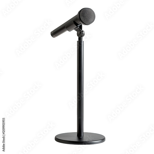 sleek. black microphone mounted on a sturdy stand. designed for audio recording or live performances its minimalist design emphasizes functionality. making it suitable for various settings such as stu photo