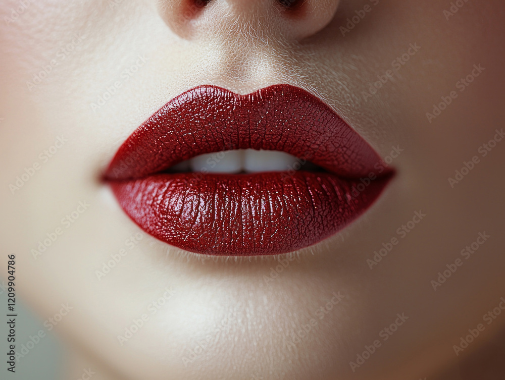 Perfectly shaped lips are highlighted bold glossy red lipstick in soft lighting. sheen reflects glamorous and luxurious appearance. Perfectly shaped lips are highlighted bold glossy red lipstick in soft lighting. sheen reflects glamorous and luxurious appearance.