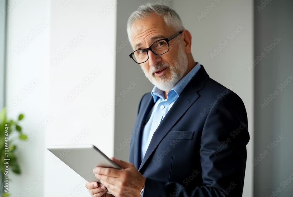 Smiling Senior Businessman in Suit Using Tablet in Modern Office Environment with Natural Light and Contemporary Design Smiling Senior Businessman in Suit Using Tablet in Modern Office Environment with Natural Light and Contemporary Design