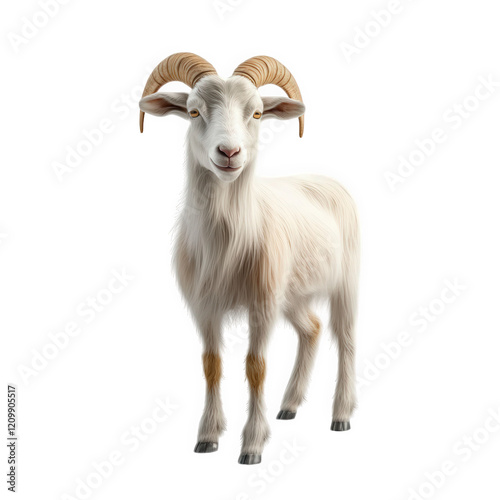 a realistic 3d rendering of a goat with prominent curved horns. standing upright and facing the viewer its fluffy white fur and calm expression suggest a friendly demeanor. making it suitable for educ photo