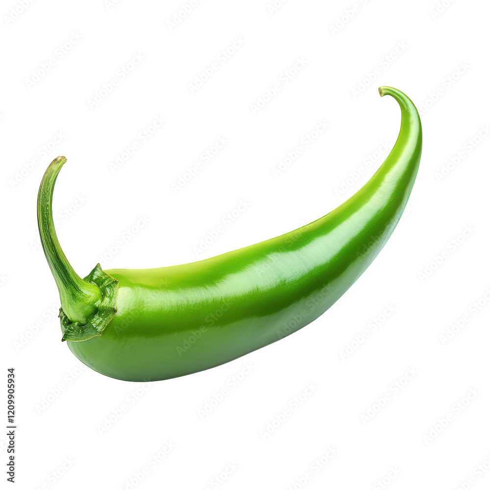 vibrant green chili pepper. showcasing its elongated. curved shape and glossy surface the pepper is presented on a plain white background. emphasizing its fresh appearance and suitability for culinary vibrant green chili pepper. showcasing its elongated. curved shape and glossy surface the pepper is presented on a plain white background. emphasizing its fresh appearance and suitability for culinary