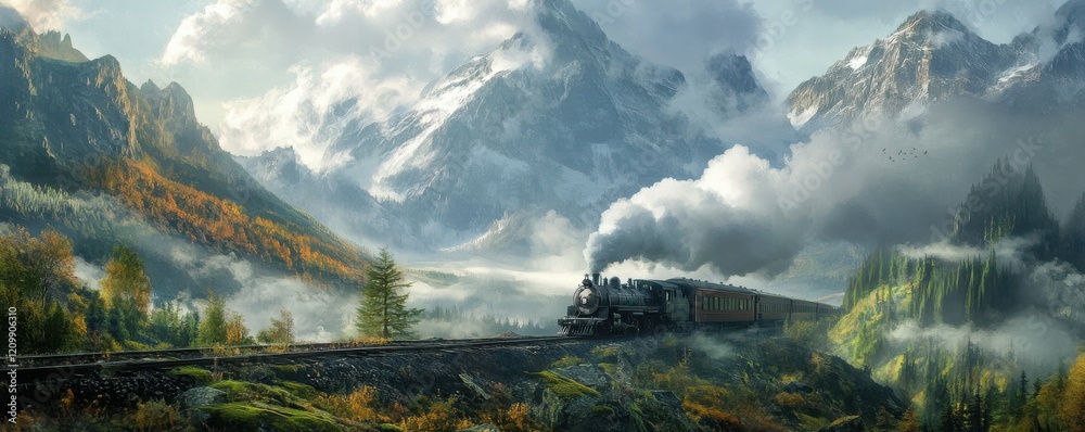 Naklejka premium A steam locomotive chugging through a misty mountain pass, its whistle echoing through the towering peaks and verdant valleys.