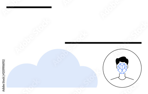 Blue cloud shape and facial recognition depicted on a face drawn with structural lines. Ideal for AI security, data privacy, cloud technology, innovation, biometrics, digital identity, abstract line