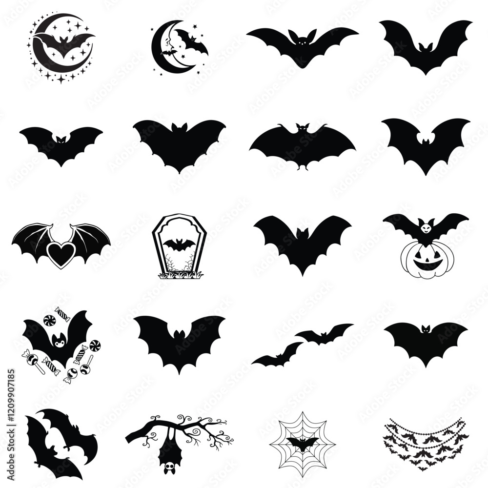Naklejka premium Bat Silhouette illustration Vector, Halloween Bat Clipart Design Bundle