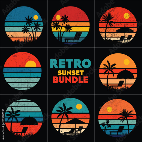 Retro sunset collection with grunge texture in vintage 70s style Retrostriped sun in round shape