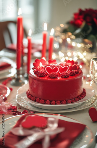 A delicious Valentine day romantic love cake decorated with hearts