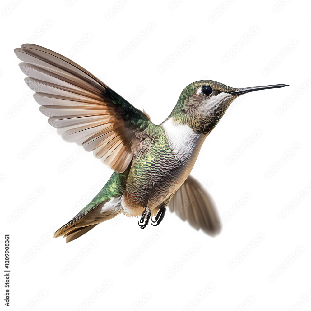 Fototapeta premium a detailed of a hummingbird in mid-flight. showcasing its vibrant feathers and intricate wing movement against a plain background the photograph captures the grace and agility of this small bird. emph