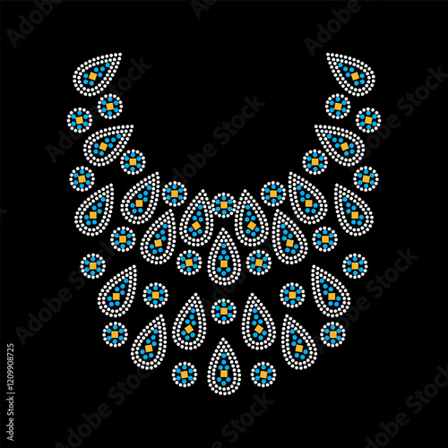 Rhinestone applique collar design for t-shirt or blouse hot-fix transfer. Abstract beautiful glitter applique rhinestone motif.	