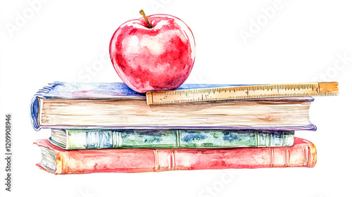 stack of books with apple