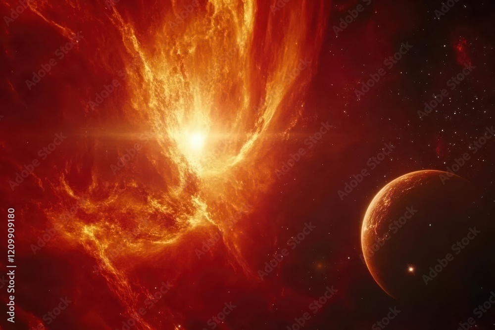 Obraz premium A vibrant cosmic scene with a glowing star and a distant planet against a fiery backdrop.