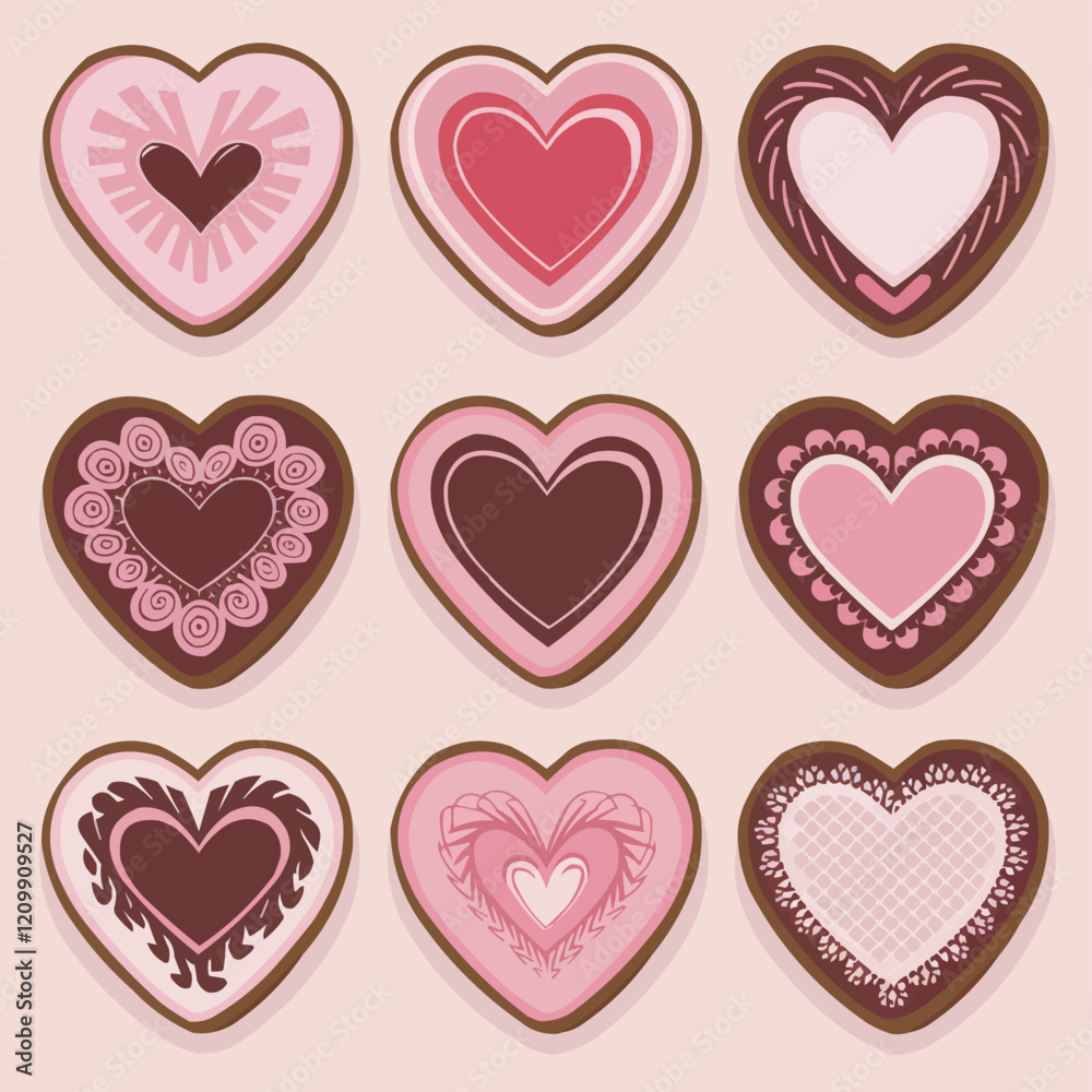 Elegant Heart Cookies with Red Fills, Pink Swirls, and a Lace Design