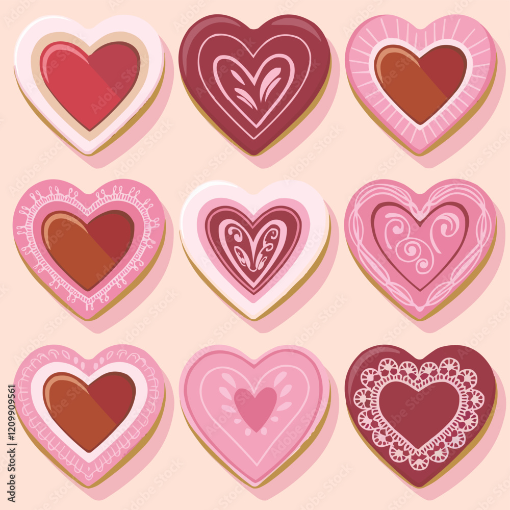 Nine Heart-Themed Cookies with Red, Pink, and Lace Patterns Nine Heart-Themed Cookies with Red, Pink, and Lace Patterns