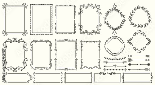 Vintage frames. Elegant retro borders. Old books design elements. Invitational cards decorations. Floral twisted lines. Botanical graphic flourish. Hand drawn arrows. Recent vector set