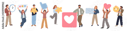 Tiny people hold large social media icons. Men and women with items. Like heart. Stars of points. Thumbs up gesture. Smiley face emoticon. Online message. Time clock. Garish vector set