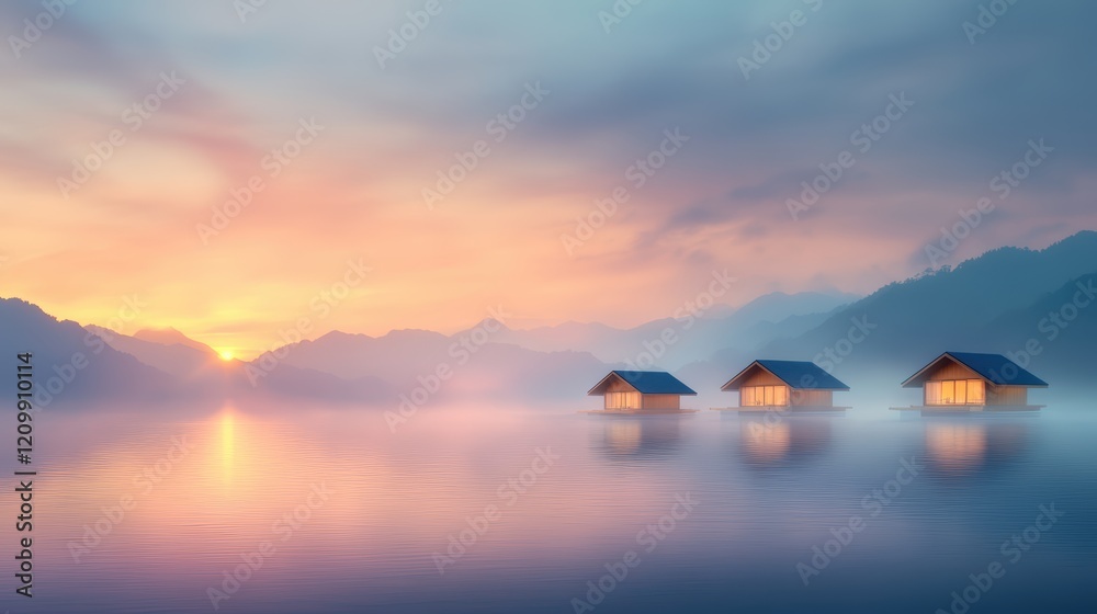 Charming miniature houses floating serenely on a tranquil lake, creating picturesque and peaceful scene Charming miniature houses floating serenely on a tranquil lake, creating picturesque and peaceful scene