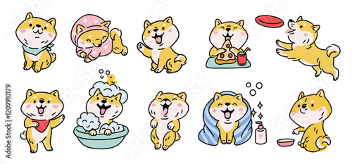 Shiba Inu dog. Cartoon funny pet. Kawaii kawaii characters. Red haired purebred mammal playing. Japanese canine breed. Akita ken cute puppy. Happy animals activities. Garish vector set