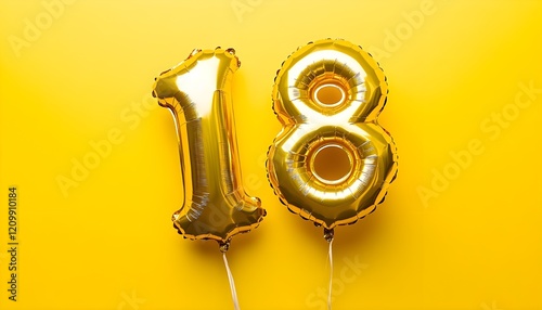 The image shows two gold foil balloons in the shape of the number 18 against a bright yellow background. It likely celebrates an 18th birthday or anniversary.