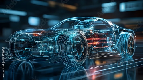A transparent digital rendering of a car's internal components is shown, highlighting its mechanical structure.