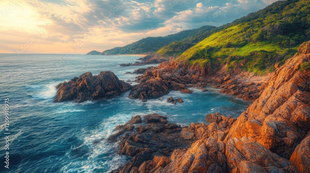 A dramatic coastline with jagged rocks, rolling waves, and vibrant green hills rising high above the sea. A dramatic coastline with jagged rocks, rolling waves, and vibrant green hills rising high above the sea.