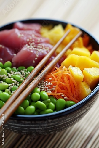 A bowl featuring sushi-grade tuna, fresh mango chunks, edamame, shredded carrots, and sesame seeds photo