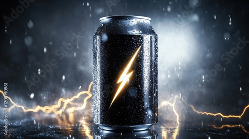 The energy drink can glows with electric energy, its surface illuminated by streaks of lightning and bursts of light for a bold visual impact. photo