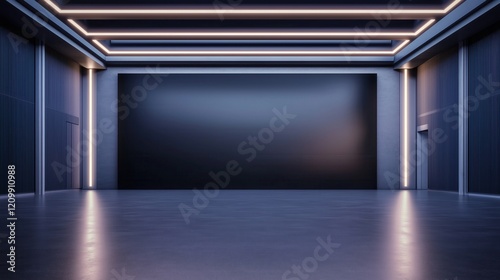 A sleek black exhibition banner wall stands illuminated by overhead lights in a modern interior hall  ready for showcasing designs or presentations.