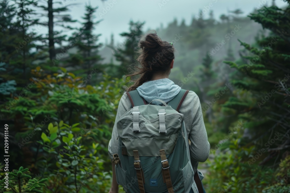 Fototapeta premium Female hiker with backpack walking away on a trail in the woods exploring nature