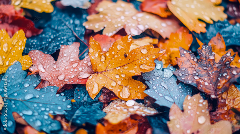 Autumn Leaves with Dew Drops: A Close-Up of Colorful Foliage Autumn Leaves with Dew Drops: A Close-Up of Colorful Foliage