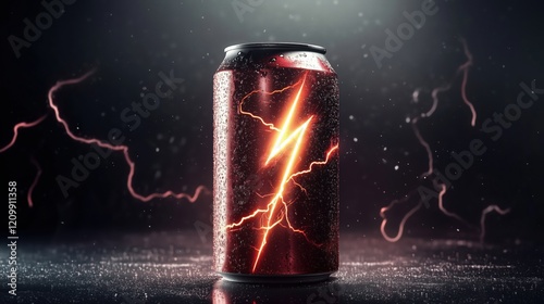 The energy drink can glows with electric energy, its surface illuminated by streaks of lightning and bursts of light for a bold visual impact. photo