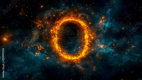 Abstract space wallpaper featuring a black hole surrounded by a star field, with the shape of the letter O, glowing sparks of light, and ample copy space photo