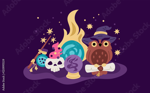 Magical items compositions. Wizard tools with owl. Alchemy elements. Oracle crystal ball. Witch book. Magic potion in skull cup. Magician accessories. Garish vector witchcraft concept