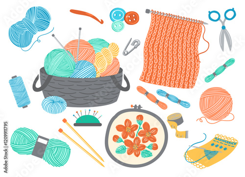 Knitting elements. Sewing and embroidery accessories. Woolen thread skein. Handcraft floss bobbin and scissors. Basket with yarn balls and tailor needles. Splendid needlework vector set