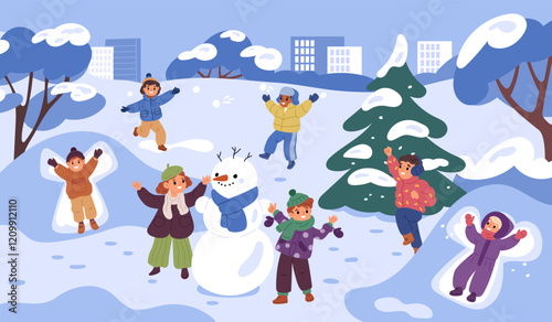 Happy children having fun. Winter city park landscape. Smiling kids playing snowballs. Boys and girls making snowman. Angel in snowdrift. Wintertime snow games. Garish vector concept
