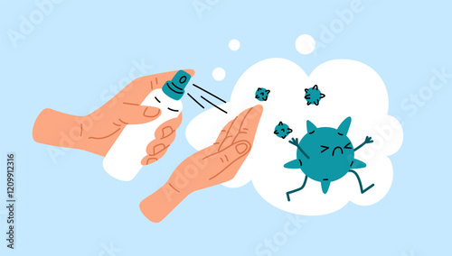 Hands disinfection. Fight against bacteria and viral germs. Protective cleaning spray. Virus prevention. Pandemic hygiene. Health care. Arms antiseptic dispenser. Garish vector concept