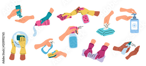Disinfection spray using. Sanitization process. Hands in rubber gloves wash. Clean and disinfect. Detergent bottle. Antibacterial sanitizer. Antiseptic dispenser. Garish vector set