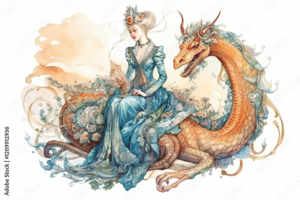 Fototapeta premium princess and dragon on white background., watercolor style, Generative AI